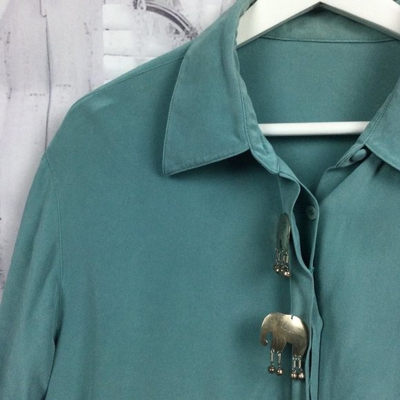 Teal Silk Button Top w/ Silver Elephant Bell Decor Front - Picture 5 of 9